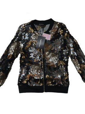 Pretty Little Things Black Sheer Mesh Sequin Zip Up Long Sleeve Jacket Sz 10